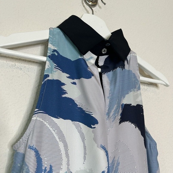 Lizna Dramatic High Low Blue and Black Graphic Silk Blouse XS - Picture 8 of 10